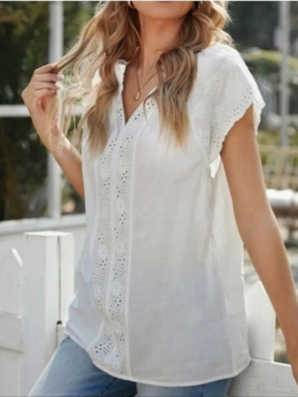White Embroidered Eyelet Cap Sleeve Cotton Top